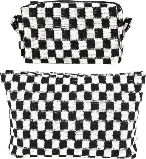 2Pcs Makeup Bag For Women - Large Checkered Knitted Cosmetic Bags&Small Makeup Pouch Aesthetic Design Travel Toiletry Bag Skincare Bag Car Storage...
