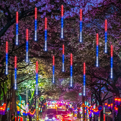 FUNPENY 4th of July Lights, 288 LED Red White and Blue Meteor Shower Rain Lights, Independence Day Decorations 30cm 8 Tubes Outdoor Christmas Ligh...