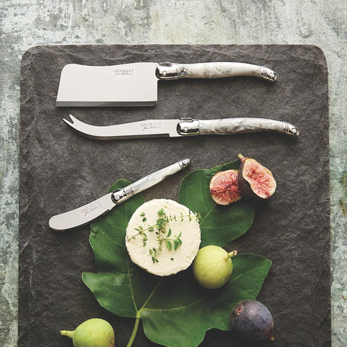 Jean Dubost Laguiole 3-Piece Cheese Knife Set, Black Handles - Rust-Resistant Stainless Steel - Includes Wooden Tray - Made in France...