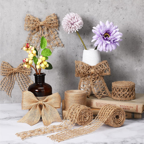 4 Rolls Burlap Ribbon Natural Jute Burlap Lace Ribbon Mesh Burlap Ribbon Weeding Ribbon Trim Craft Wrapping Ribbon for Holiday Party DIY Handmade ...