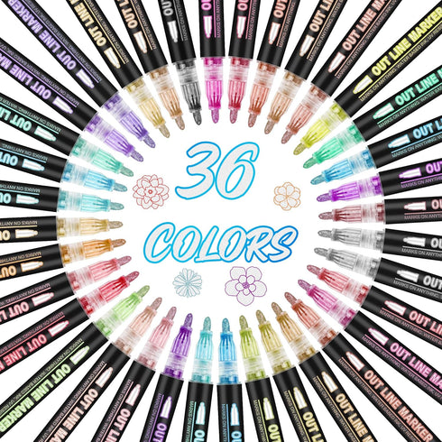 Double Line Metallic Outline Markers - 36 Vibrant Colors, Self-Outline Metallic Markers with Quick-Drying Ink, Double Line Metallic Markers for Ki...