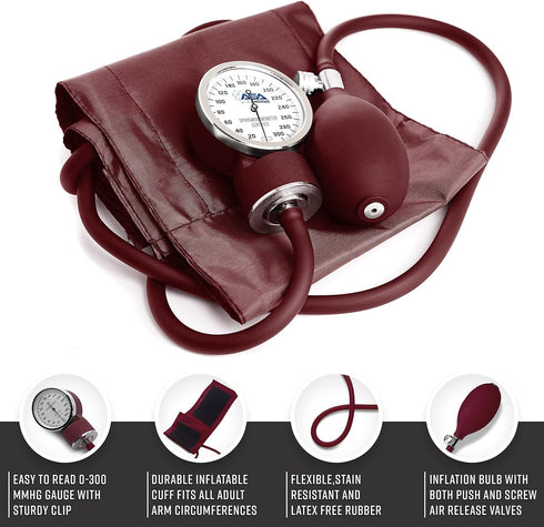ASA TECHMED Manual Blood Pressure Monitor - Aneroid Sphygmomanometer Blood Pressure Cuff arm for Nurses Universal (Maroon) Standard...