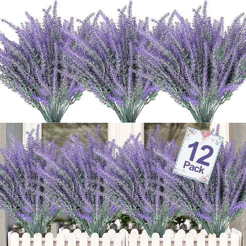 TURNMEON 12 Bundles Artificial Lavender Flowers Fake Flowers Artificial Plants Outdoor UV Resistant Flocked Faux Plastic Shrubs Wedding Bouquet Wi...