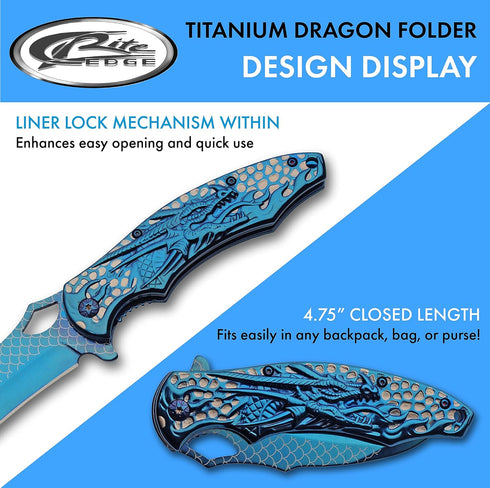 SZCO Supplies 300580-BL Titanium Finished Blue Dragon Edc Folding Knife with Pocket Clip, 8.5" Length...