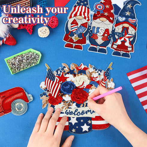 Memorywuu 3 Pcs 4th of July Diamond Art Kits Patriotic Diamond Painting Hanging Door Sign DIY Memorial Day Diamond Wall Decor Gnome Diamond Art Ad...