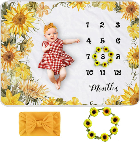 Sunflower Baby Monthly Milestone Blanket Girl, Floral Newborns Month Blanket Gift for Baby Shower, Soft Plush Photo Prop Blanket, Wreath &Headband...