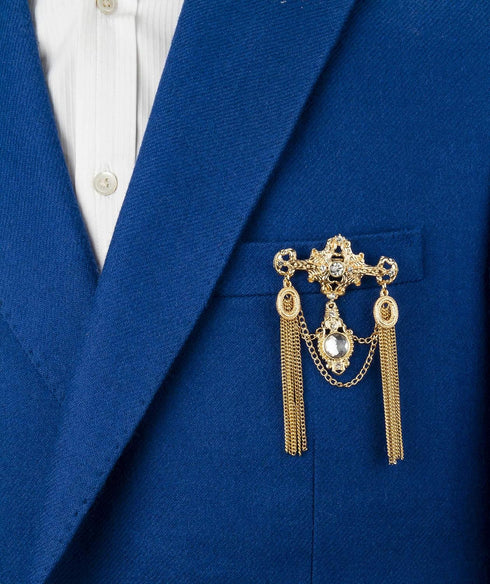 Knighthood Brooch Pin Royal Gold Engraved Shimmery Stone And Chain Brooch Suit Stud Lapel Pin Accessories for Men Women...