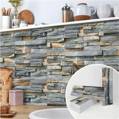 3-Pieces Peel and Stick Backsplash Tiles for Kitchen 4"x 12" PVC Self-Adhesive Subway Matte Faux Stone Wall Panel Brick Stick on Backspalsh for Ba...