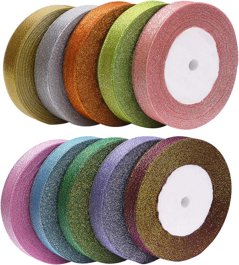 10 Rolls 3/5 Inch Width Metallic Glitter Ribbon for Holiday Wedding Party Decoration Gift Wrapping...