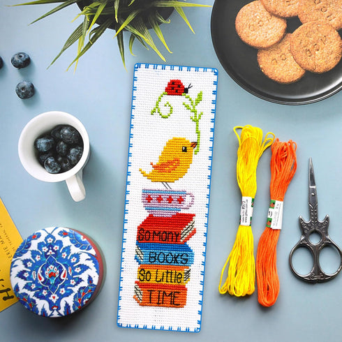 Povitrulya Counted cross Stitch Bookmark Kit 'So Many Books, So Little Time' - DIY Embroidery set for Adults with Paper pattern, 16-count Aida Can...