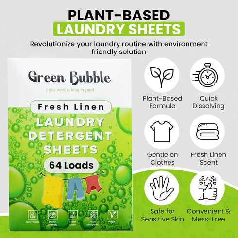 Laundry Detergent Sheets - Eco-Friendly 64 loads Fresh Linen Scent Travel Laundry Detergent Sheets | Plastic Free Laundry Strips W/Recyclable Pack...