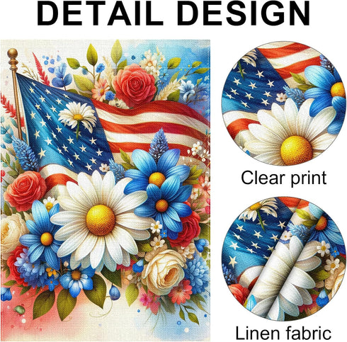 Patriotic Floral Garden Flag Double Sided, Red White and Blue Burlap Yard Flag, Small 4th of July Outdoor Decor 12.5x18"...
