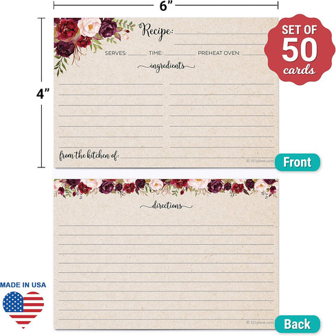 321Done Recipe Cards (Set of 50) Rustic Floral 4" x 6" - Double-Sided for Weddings, Bridal Shower - Made in USA - Large Watercolor Red Roses, Kraf...