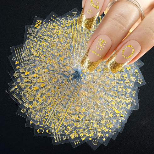 30 Sheets Gold Nail Art Stickers 3D Self-Adhesive Nail Decals Gold Geometric Line Star Leaf Diamond Nail Stickers Supplies for Acrylic Nails Manic...