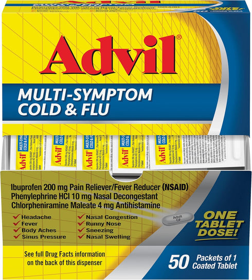Advil Multi Symptom Cold and Flu Medicine, Cold Medicine for Adults with Ibuprofen, Phenylephrine HCL and Chlorpheniramine Maleate - 50 Coated Tab...