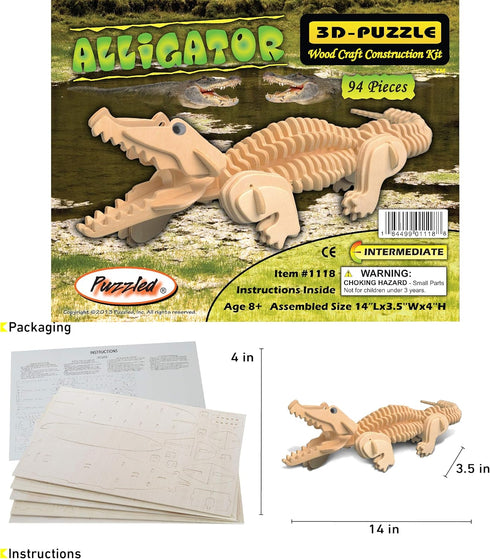 Puzzled 3D Puzzle Alligator Wood Craft Construction Model Kit, Fun, Unique & Educational DIY Wooden Toy Assemble Model Unfinished Crafting Hobby P...