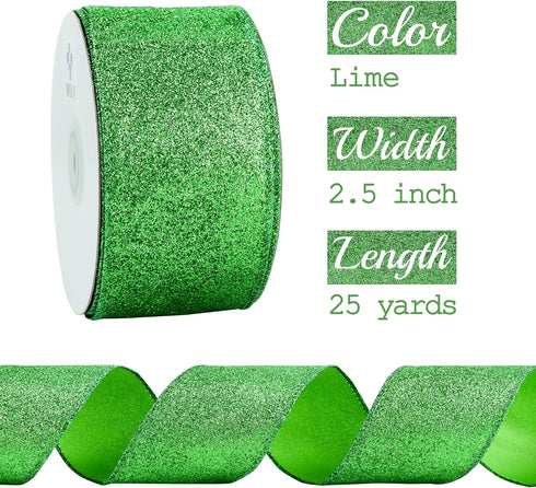 MEEDEE Lime Green Ribbon Green Glitter Ribbon 2.5 Inch Lime Green Wired Ribbon by 25 Yards Lime Green Christmas Ribbon Lime Green Ribbon for Chris...