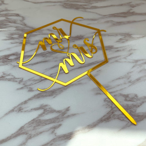 Larger Size Acrylic Mirror Gold Hexagon Elegant Handwriting Mr and Mrs Cake Toppers, Wedding, Bridal Shower, Engagement, Anniversary Monogram Cake...