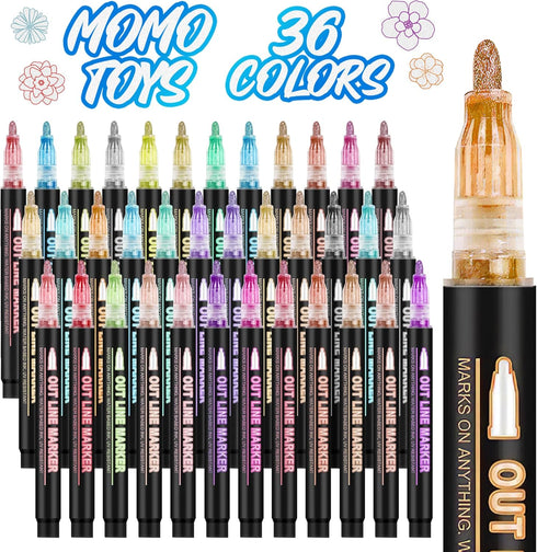 Double Line Metallic Outline Markers - 36 Vibrant Colors, Self-Outline Metallic Markers with Quick-Drying Ink, Double Line Metallic Markers for Ki...