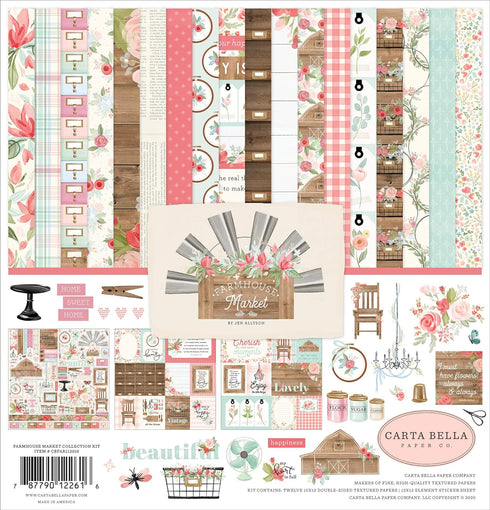 Carta Bella Paper Company Farmhouse Market Collection Kit paper, pink, teal, black, woodgrain, cream, 12-x-12-Inch...