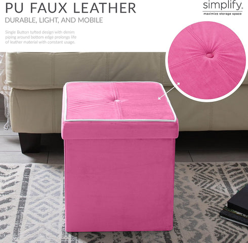 Simplify Velvet White Piping Folding Storage Ottoman, Toy Box Chest, Tufted Padded Seating, Bench, Foot Rest, Stool, Single, Pink...