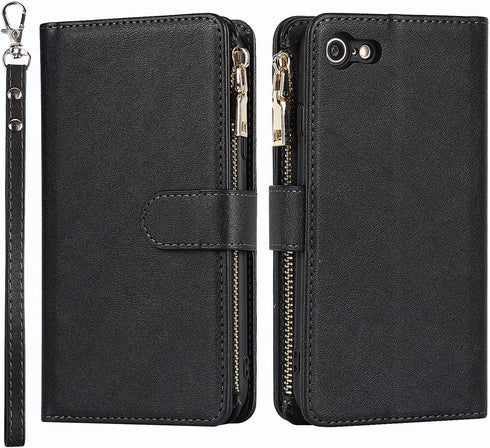 Jaorty Wallet Case Compatible with iPhone 7/8/iPhone SE 2nd 2020, 9 Card Slots, Wrist Strap, Stand Feature, Zipper Cash Pocket, Magnetic Leather C...