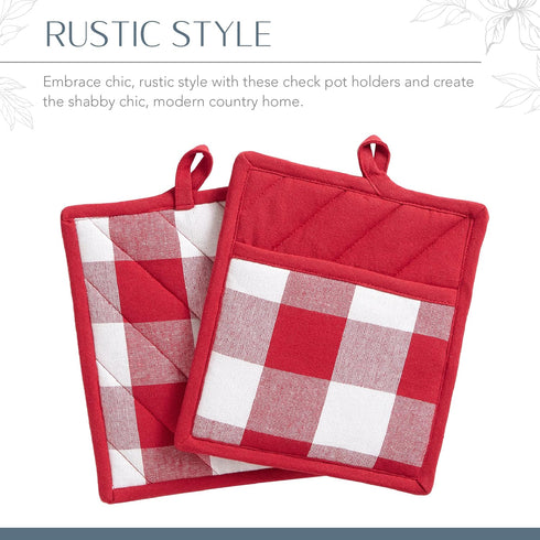Elrene Home Fashions Farmhouse Living Buffalo-Check Pot-Holder Set, Rustic Pot Holders for Kitchen, Set of 2, 8" x 9", Red/White...