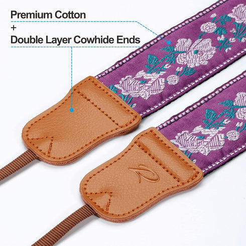 Padwa Lifestyle Purple Flowers Embroidered Camera Strap - Double Layer Cowhide Ends,2" Cotton Vintage Camera Straps, Adjustable Neck & Shoulder St...