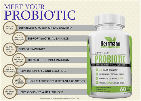Probiotics by Herrmann Health Products | Probiotic for Men and Women | High Potency 7 Strain Formula | 5.75 Billion Organisms per Capsule | Non-GM...