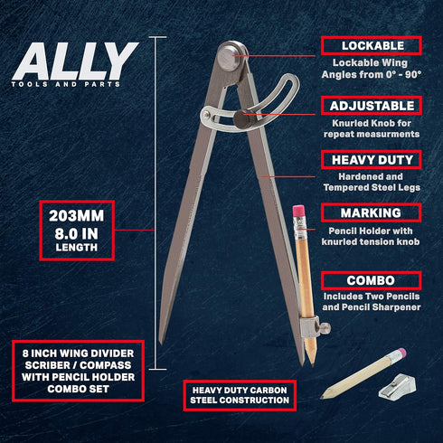 ALLY Tools 8 Inch Precision Locking Wing Divider/Woodworking Compass with Pencil Holder INCLUDES Two Pencils and Pencil Sharpener Ideal for Drawin...