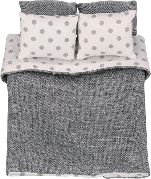 Dollhouse Bedding, 5 Piece Set with Comforter & Pillows, Blanket, Realistic Bedroom Accessories for 6 inch Dolls, 1/12 Scale, Gray and White Linen...