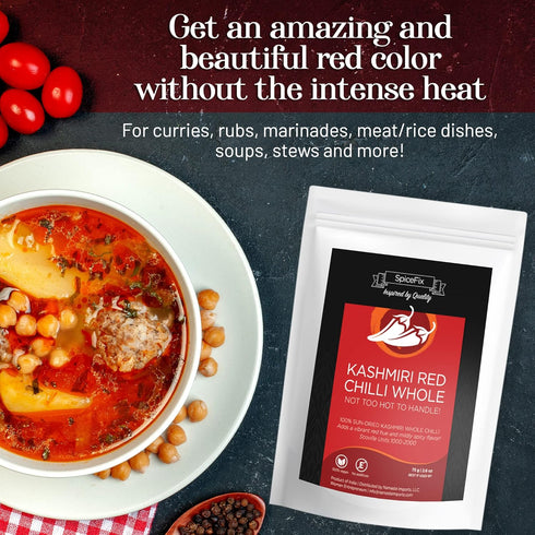 SpiceFix - Whole Kashmiri Red Chilli Pepper, Mild to Medium Heat Natural Stemless Chillies, Sun-Dried Red Pepper, Indian Dried Chili Peppers in a ...