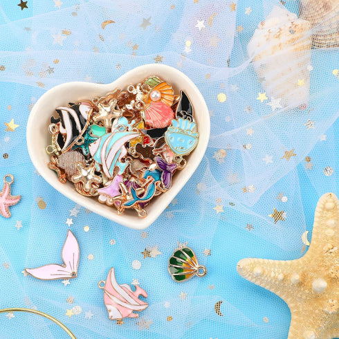 MARFOREVER 120 Pcs Ocean Themed Sea Charms for Jewelry Making, Assorted Gold Enamel Starfish Seashell Marine Pendants for Necklace Earring Bracele...