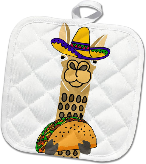 3dRose Pot Holder Funny Cute Llama wearing Sombrero and eating Taco Cartoon, 8 by 8"...
