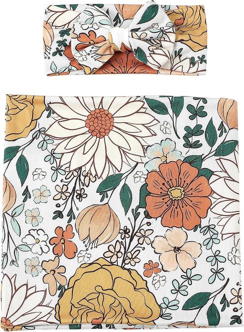Galabloomer Newborn Receiving Blanket Headband Set Baby Flower Swaddle (caramd)...