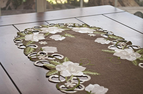 Beautiful White Magnolia Floral Design and Green Leaves Embroidered Cutwork Edges on Brown Polyester Linen Table Runner, Table Centerpiece, Dresse...