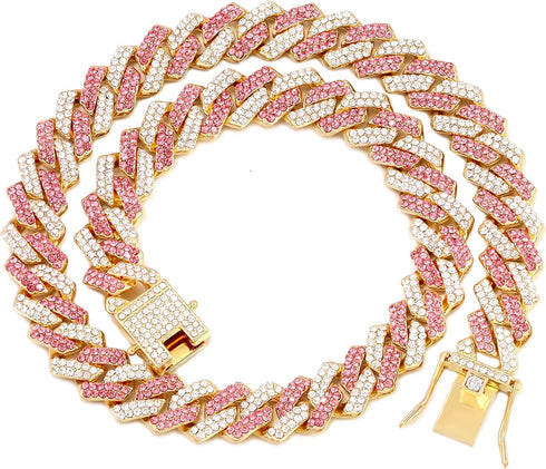 Gold Dog Chain Collar Diamond Cuban Collar Walking Metal Chain Collar with Design Secure Buckle Dog Collars for Medium Large Dogs (18inch, Pink-Go...