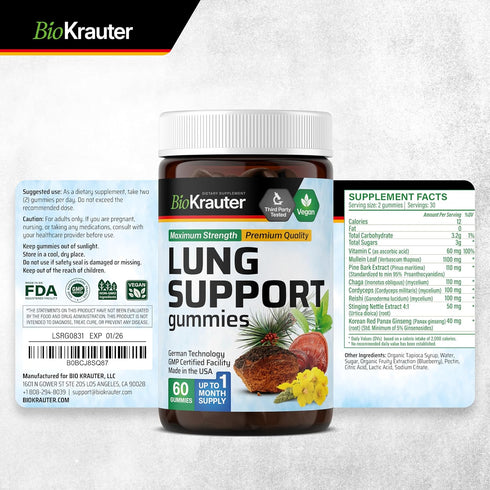 BIO KRAUTER Lung Detox Gummies - 60 Vegan Chews - Lung Cleanse Supplement w/Vitamin C & Mullein Leaf Blend - Respiratory Support...