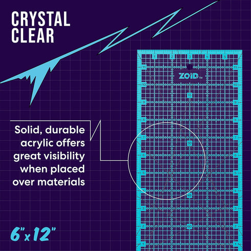 Zoid 6-1/2" X 12" Acrylic Ruler, Reversible Ruler for Measuring, Quilting Ruler, Slip-Resistant Ruler, Clear...