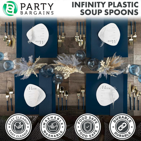 Party Bargains Disposable Plastic Navy Gold Soup Spoons, Infinity Modern Design Utensils, 40 Pack...
