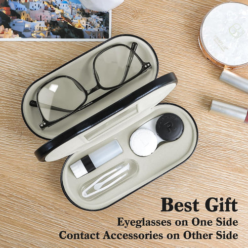 2 in 1 Contact Lens Case and Glasses Case,Double Sided Dual Use Design with Mirror, Tweezer and Contact Lens Solution Bottle,Portable Soak Storage...
