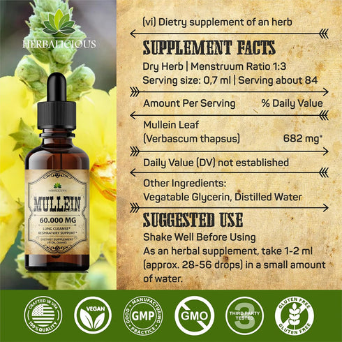 Mullein Leaf Extract - Verbascum Thapsus Liquid Supplement - Herbal Tincture Promoting & Detox Lungs, Respiratory - Lung Cleanse - Vegan Drops, No...