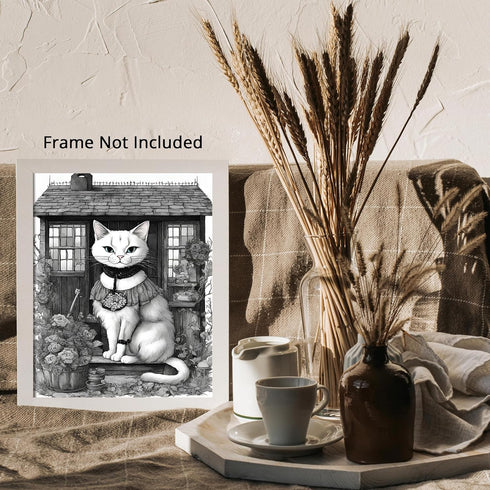 Posterizer 1 pcs- gothic themed house with white cat-Gothic Art-Art for Animal Lovers- Living Room Bedroom Decor- unframed wall art...