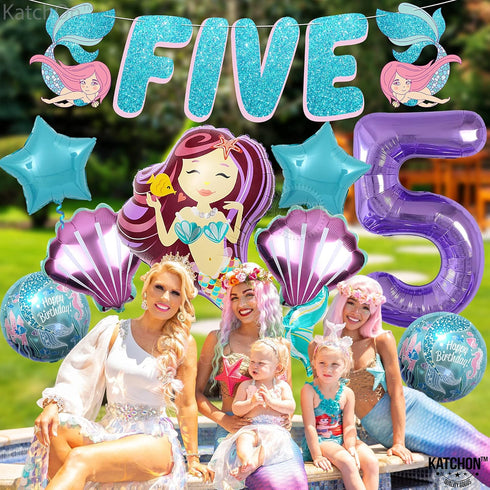 KatchOn Shiny Mermaid 5th Birthday Decorations - Pack of 9 | Mermaid Balloons, Banners, Party Decorations...