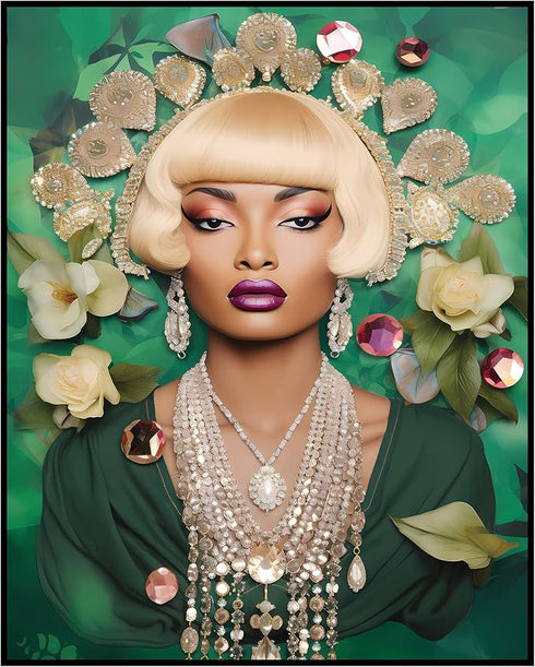 Posterizer 1 pcs-African bejeweled emerald green queen collage-Abstract & Modern Art-Inspirational Women's Art-Gift for Women, Fashionistas, Desig...