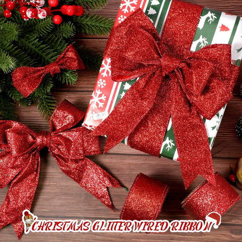 Yinder 4 Roll 40 Yards Red Valentines Ribbon Wired Glitter Metallic Wired Ribbon Thick Ribbon Tree Ribbon Gift Wrapping Ribbon for DIY Crafts Xmas...