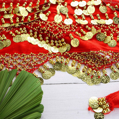 ORAZIO 4 Sets Women's Belly Dance Accessories,Belly Dance Hip Scarf Wrap Belt,Bohemian Gold Coin Drop Earrings Headpiece Small Coins Hair Chain Ta...