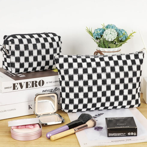 2Pcs Makeup Bag For Women - Large Checkered Knitted Cosmetic Bags&Small Makeup Pouch Aesthetic Design Travel Toiletry Bag Skincare Bag Car Storage...