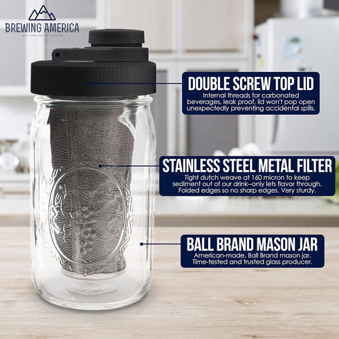 Brewing America Mason Jar Cold Brew Coffee Maker Infuser: Made in USA Wide Mouth Mason Jar with Screw Top Pour Lid, Stainless Steel Filter for Del...