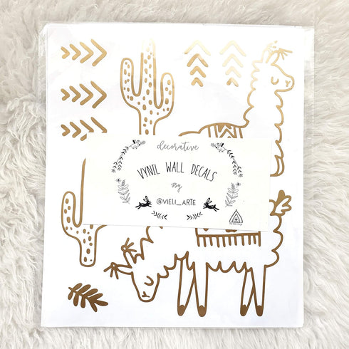 Alpaca Animal and Cactus Wall Decal. Peel and Stick for for Kids, Baby Bedroom Nursery and Living Room. 50 pcs Vinyl Wall Stickers (Gold)...
